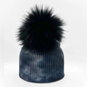 Linda Richards Cotton Blue Tie-Dye Hat with Black Fur Pom - NWT